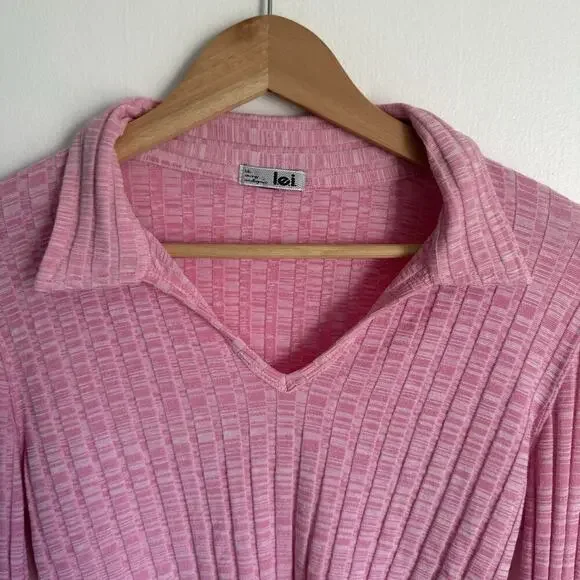 Vtg Y2K LEI Collared Shirt Pink Ribbed Coquette M Bella Swan Preppy Indie Sleaze - Picture 5 of 10